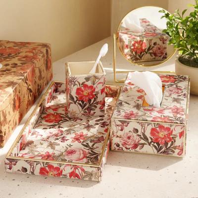 Set Of 3 Pink Floral Faux Leather Bathroom Accessories