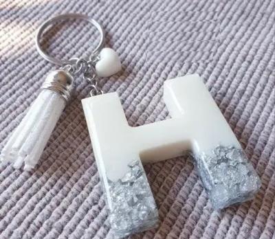 Haute Crafts White &amp;amp; Silver (&amp;quot;H&amp;quot;)- with small Heart, Resin Alphabet Initial Letter Keychain
