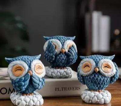 Cute Owl Statue Resin Blue Owl Figurine Set of 3